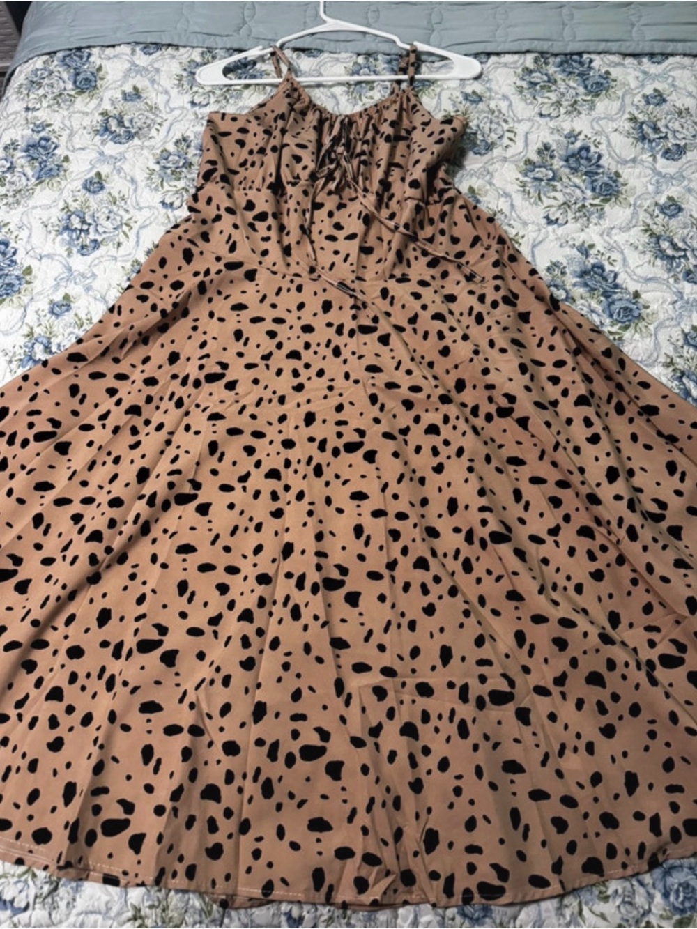 SHEIN Tan Midi Dress with Black Spot Print